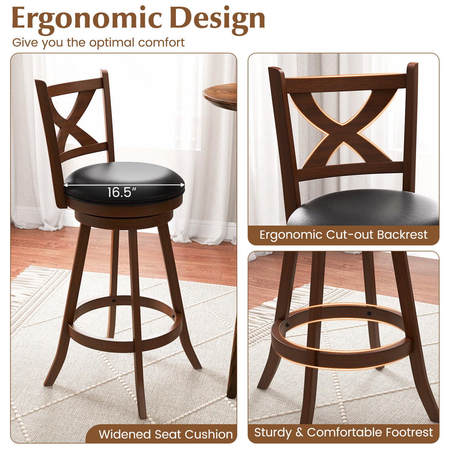 2 Pieces Classic Counter Height Swivel Bar Stool Set with X-shaped Open Back-L, Brown Bar Stools at Gallery Canada