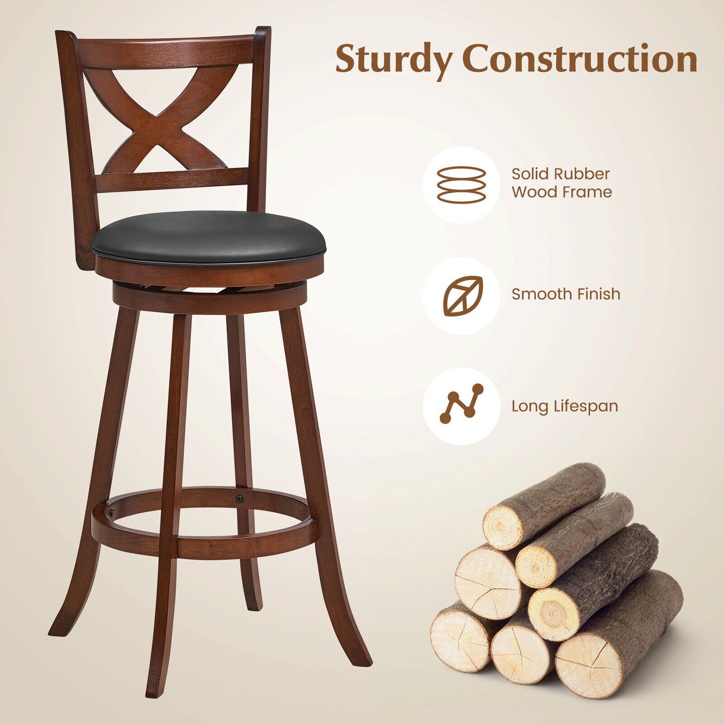 2 Pieces Classic Counter Height Swivel Bar Stool Set with X-shaped Open Back-L, Brown Bar Stools at Gallery Canada