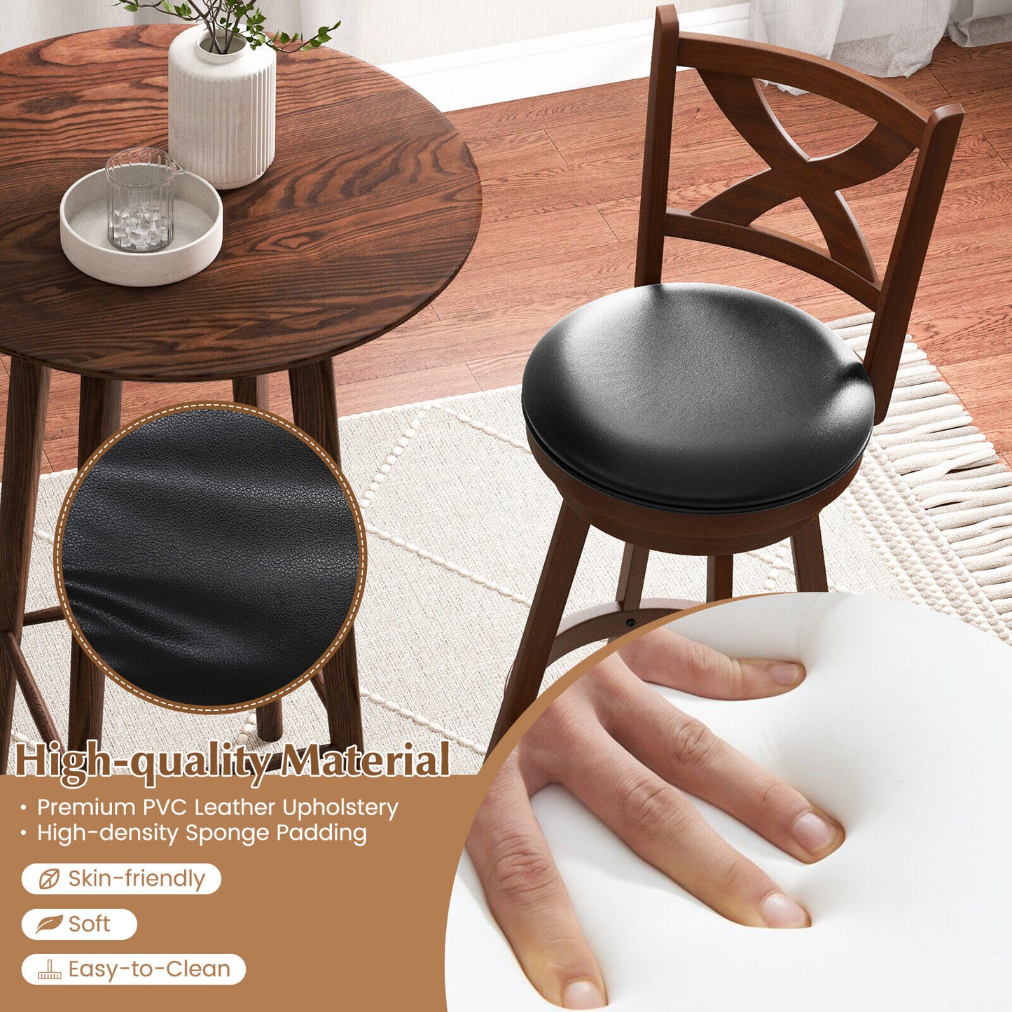 2 Piece Classic Counter Height Swivel Bar Stool Set, X-Shaped Open Back, Brown Bar Stools at Gallery Canada