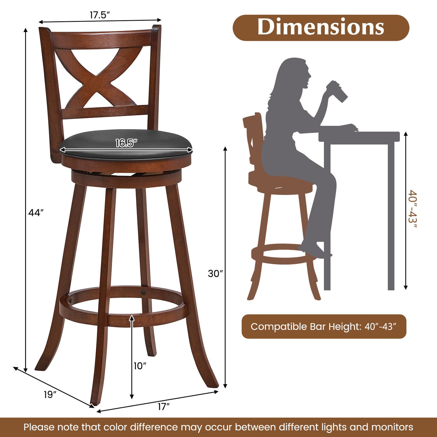2 Pieces Classic Counter Height Swivel Bar Stool Set with X-shaped Open Back-L, Brown Bar Stools at Gallery Canada