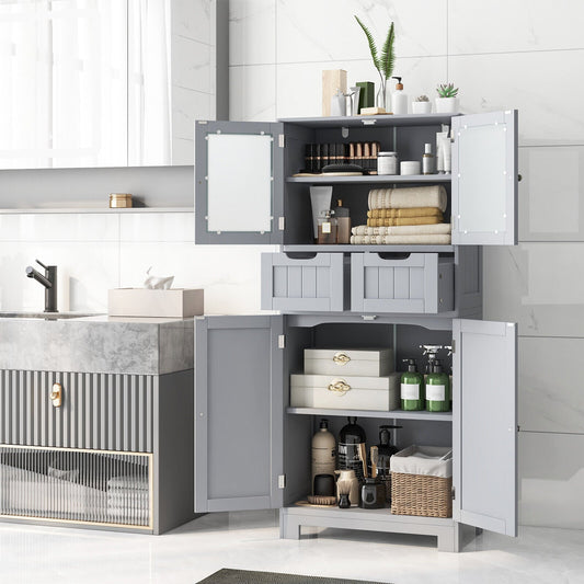 4 Door Free-Standing Bathroom Cabinet, 2 Drawers, Glass Doors, Gray Floor Cabinets Gray at Gallery Canada