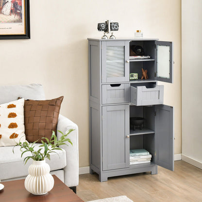 4 Door Freee-Standing Bathroom Cabinet with 2 Drawers and Glass Doors, Gray at Gallery Canada