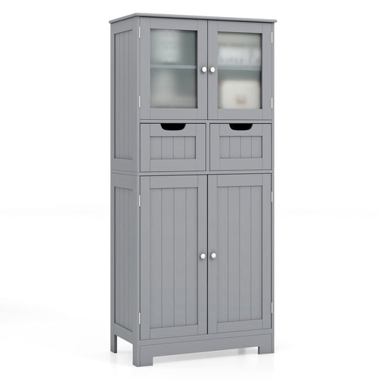 4 Door Freee-Standing Bathroom Cabinet with 2 Drawers and Glass Doors, Gray