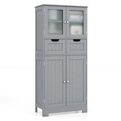 4 Door Freee-Standing Bathroom Cabinet with 2 Drawers and Glass Doors, Gray at Gallery Canada
