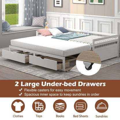 Extendable Twin to King Daybed with Trundle and 2 Storage Drawers, White