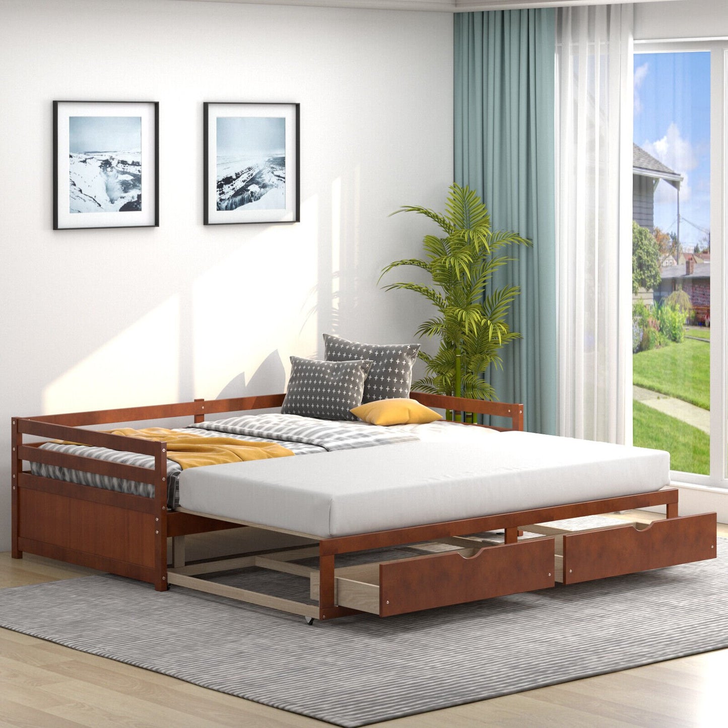 Extendable Twin to King Daybed with Trundle and 2 Storage Drawers, Brown