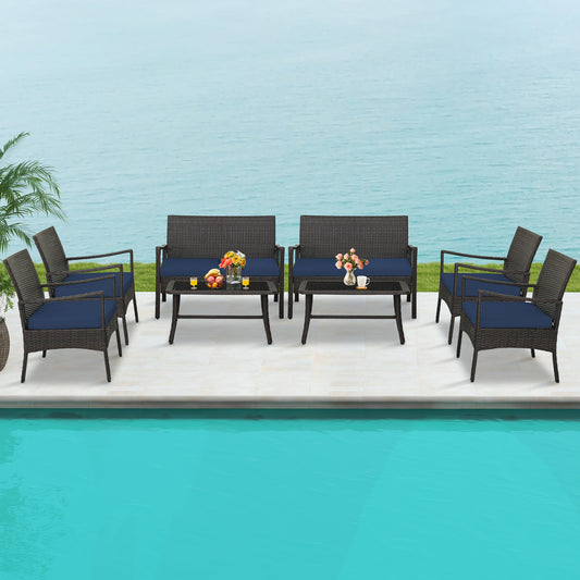 4-Piece Outdoor Rattan Conversation Set With Tempered Glass Coffee Table, Navy Patio Conversation Sets Navy at Gallery Canada