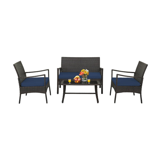 4 Pieces Outdoor Rattan Conversation Set with Tempered Glass Coffee Table, Navy at Gallery Canada