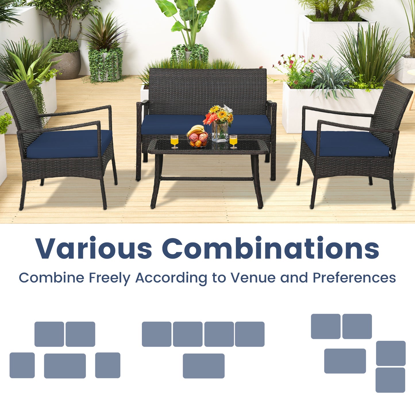 4 Pieces Outdoor Rattan Conversation Set with Tempered Glass Coffee Table, Navy Patio Conversation Sets at Gallery Canada