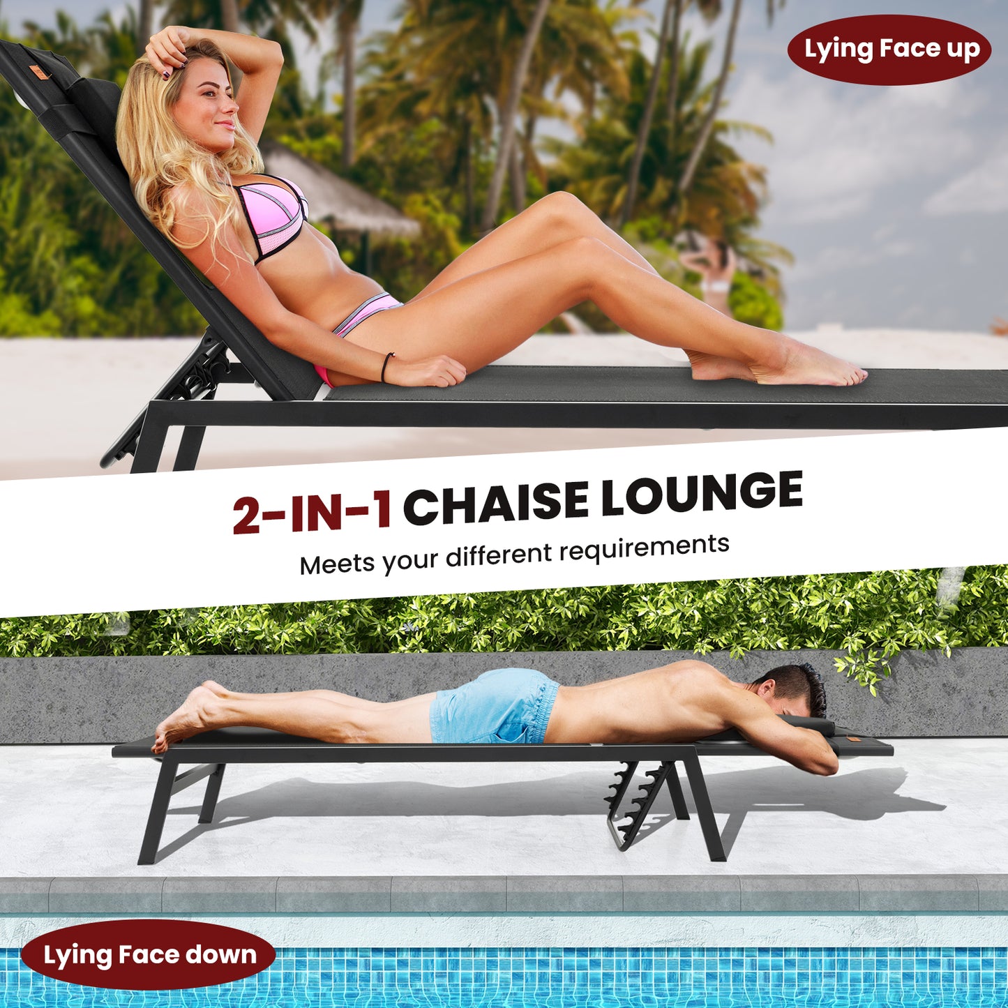 Patio Sunbathing Lounge Chair, 5-Position Adjustable, Black Outdoor Chaise Lounges at Gallery Canada