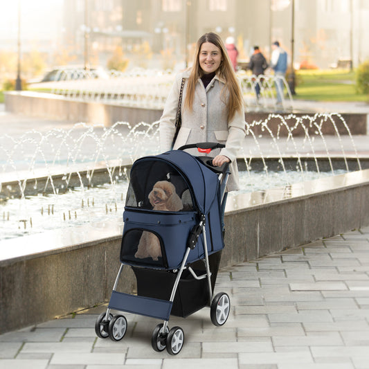 Foldable Pet Stroller, 4-Wheel, Storage Basket, Navy Dog Supplies Navy at Gallery Canada