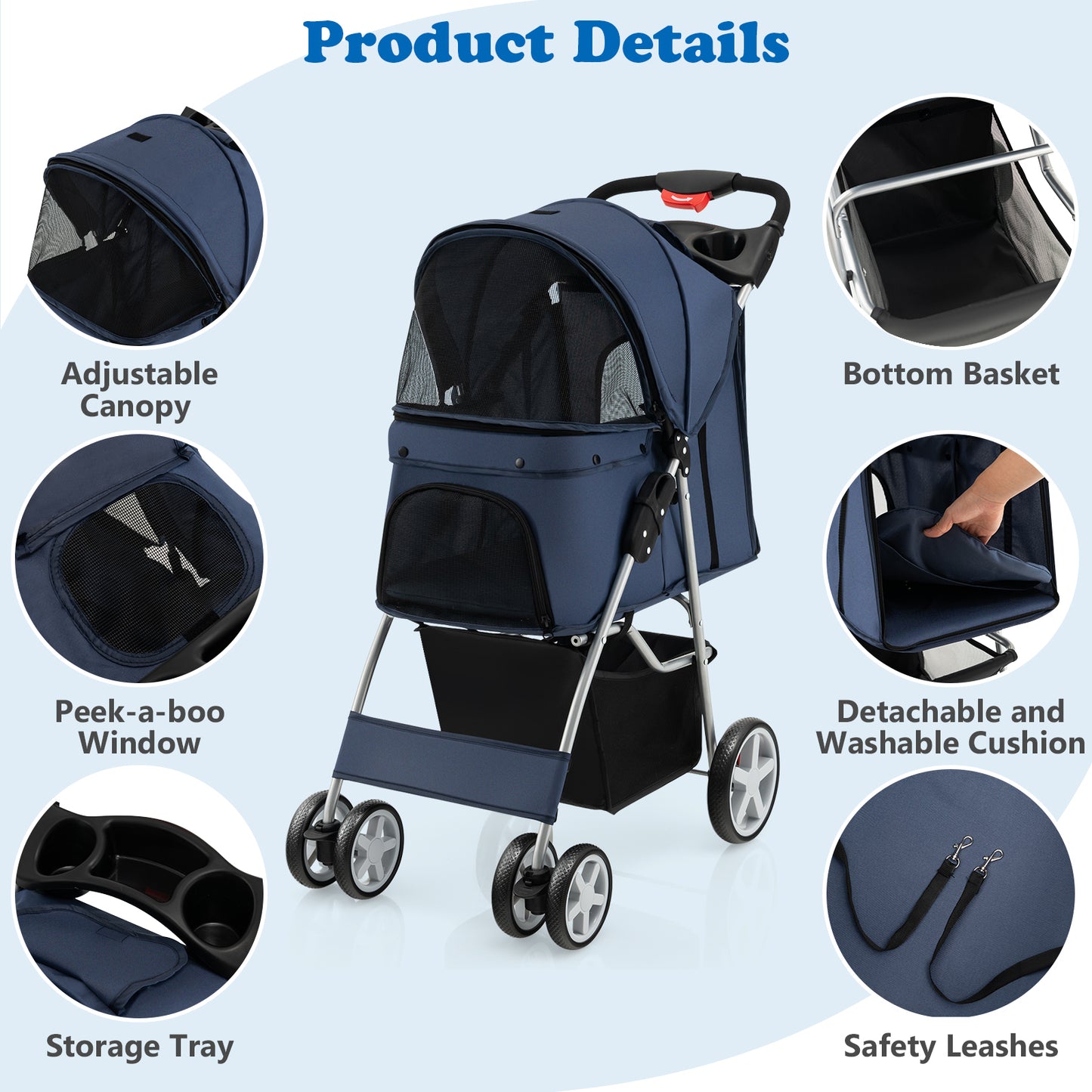 Foldable Pet Stroller, 4-Wheel, Storage Basket, Navy Dog Supplies at Gallery Canada