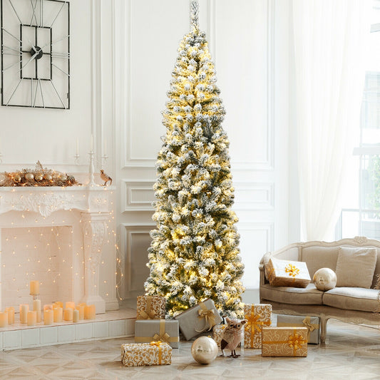 7.5 Feet Pre-lit Snow Flocked Artificial Pencil Christmas Tree, Green Christmas Tree Green at Gallery Canada