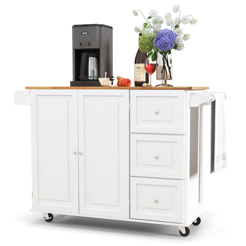 Kitchen Island Trolley Cart Wood with Drop Leaf Tabletop and Storage Cabinet, White