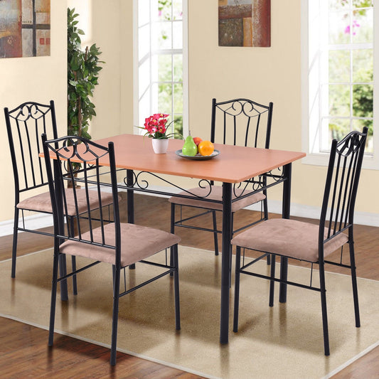 5 Piece Dining Set, Wooden Table, 4 Cushioned Chairs, Natural