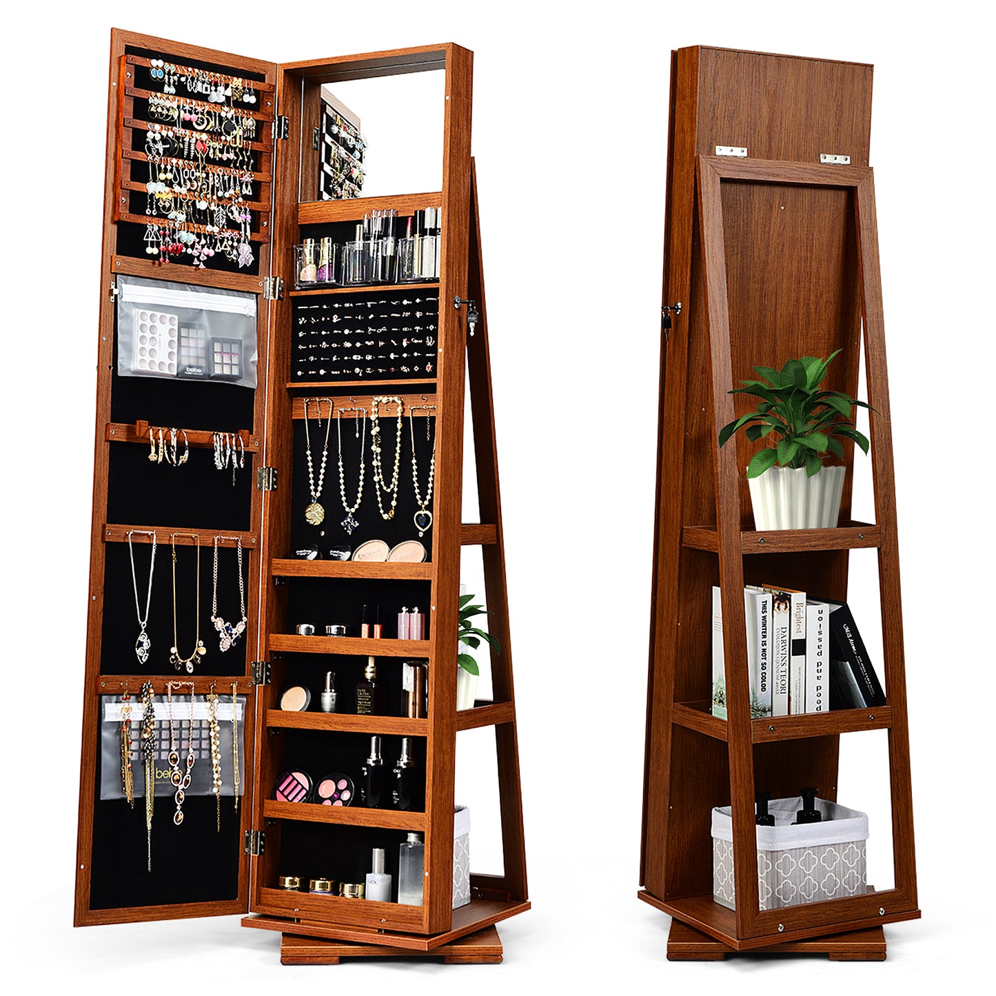 360° Rotatable Armoire, 2-in-1 Lockable Mirrored Jewelry Cabinet, Brown Jewelry Armoires at Gallery Canada