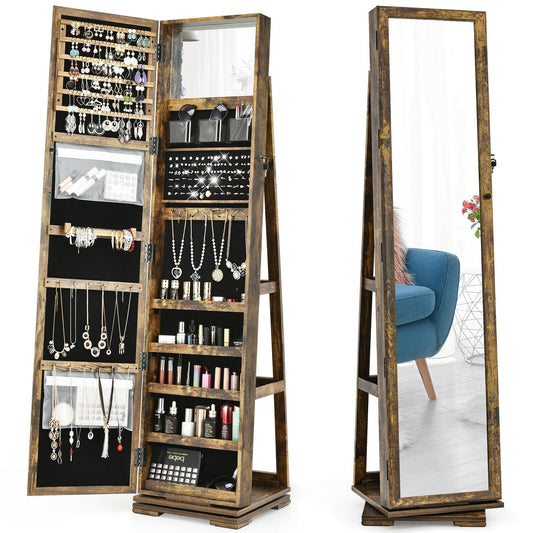 360° Rotatable Armoire 2-in-1 Lockable Mirrored Jewelry Cabinet, Rustic Brown at Gallery Canada