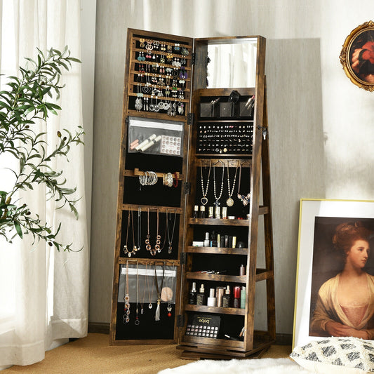 360° Rotatable Armoire, 2-in-1 Lockable Mirrored Jewelry Cabinet, Rustic Brown Jewelry Armoires Rustic Brown at Gallery Canada