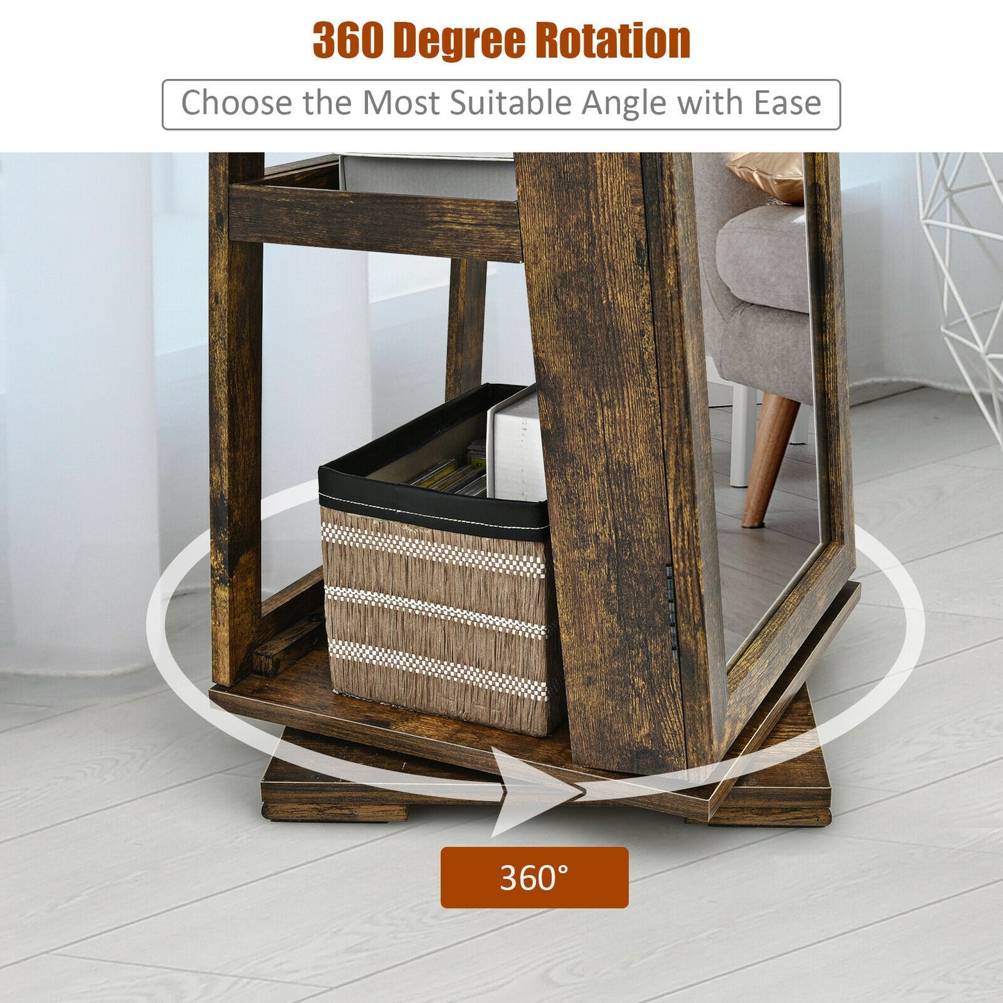 360° Rotatable Armoire, 2-in-1 Lockable Mirrored Jewelry Cabinet, Rustic Brown Jewelry Armoires at Gallery Canada