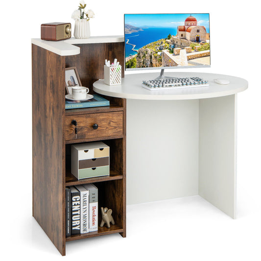 Front Reception Office Desk with Open Shelf and Lockable Drawer, Rustic Brown