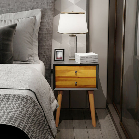 Mid-Century Wooden End Table, 2 Storage Drawers, Black Nightstands Black at Gallery Canada