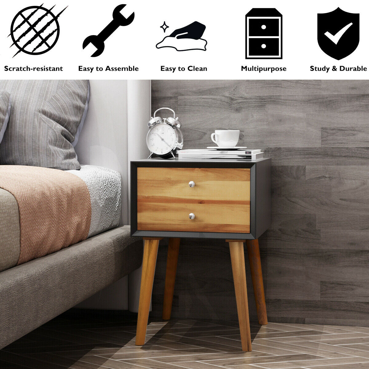 Mid-Century Wooden End Table, 2 Storage Drawers, Black Nightstands at Gallery Canada