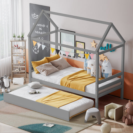 Kids Platform Bed Frame with Roof for Bedroom, Gray Trundle Bed Frame Gray at Gallery Canada