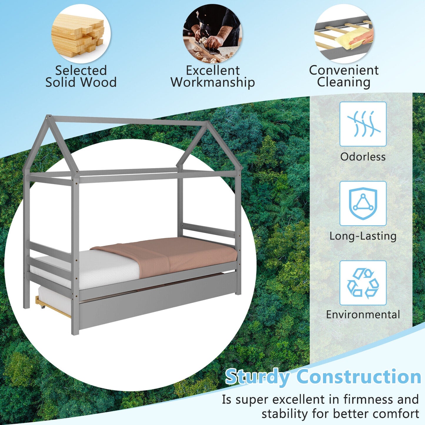 Kids Platform Bed Frame With Roof, Gray Trundle Bed Frame at Gallery Canada