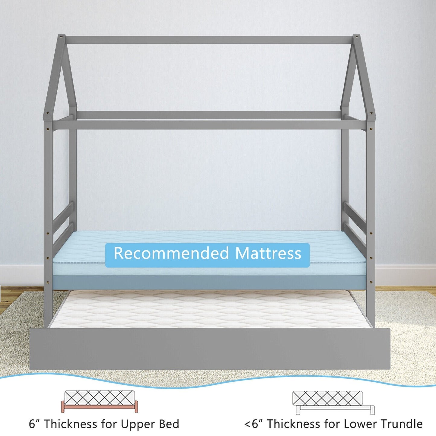 Kids Platform Bed Frame with Roof for Bedroom, Gray at Gallery Canada