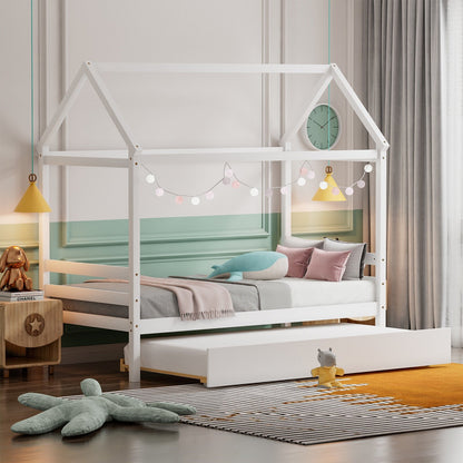 Kids Platform Bed Frame with Roof for Bedroom, White
