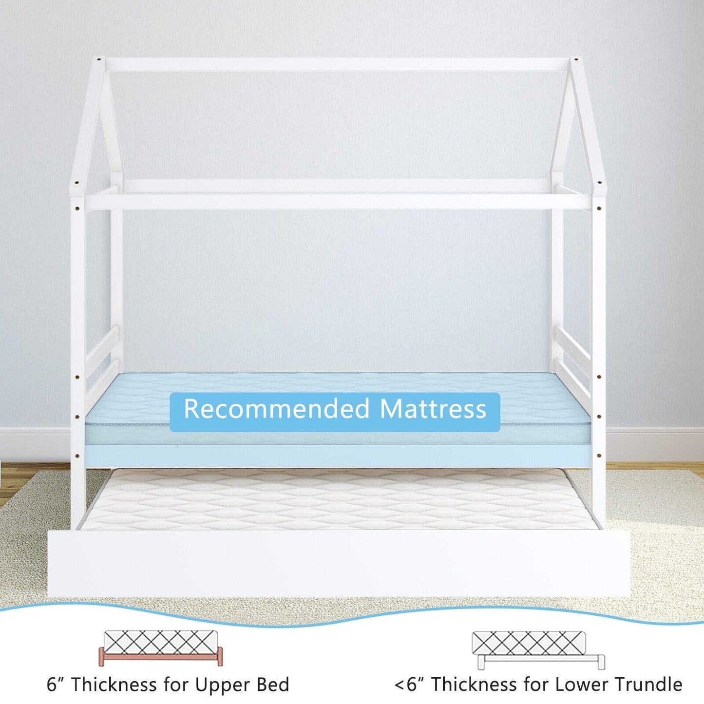 Kids Platform Bed Frame with Roof for Bedroom, White