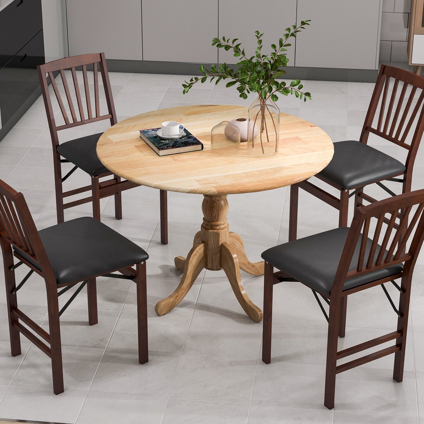 Wooden Dining Table with Round Tabletop and Curved Trestle Legs, Natural