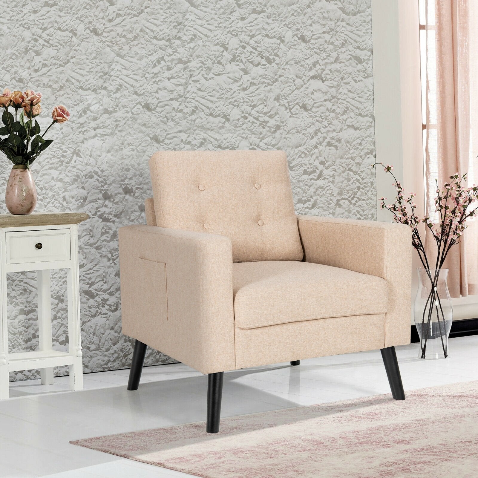 Modern Tufted Accent Chair w/ Rubber Wood Legs, Beige at Gallery Canada