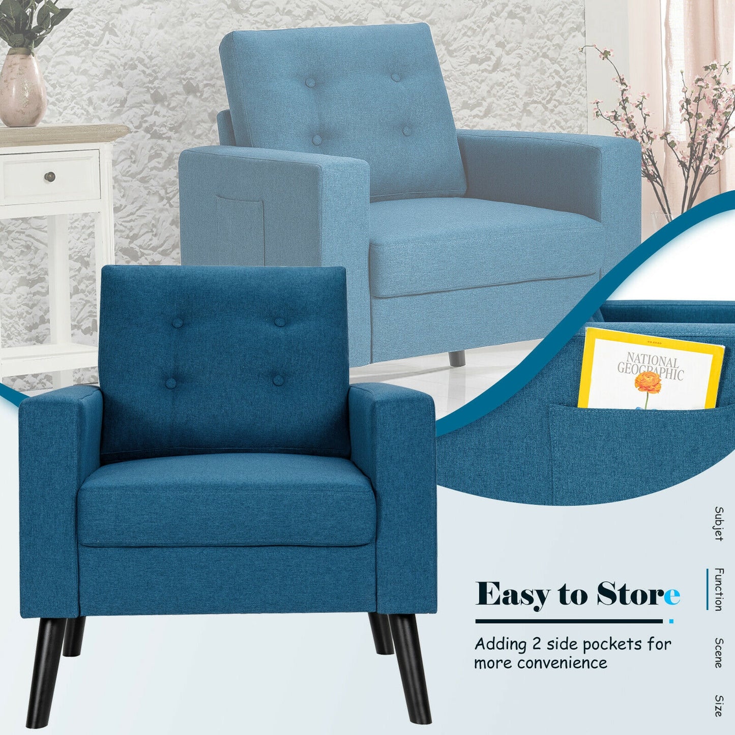 Mid-Century Upholstered Armchair Club Chair, Blue Accent Chairs at Gallery Canada
