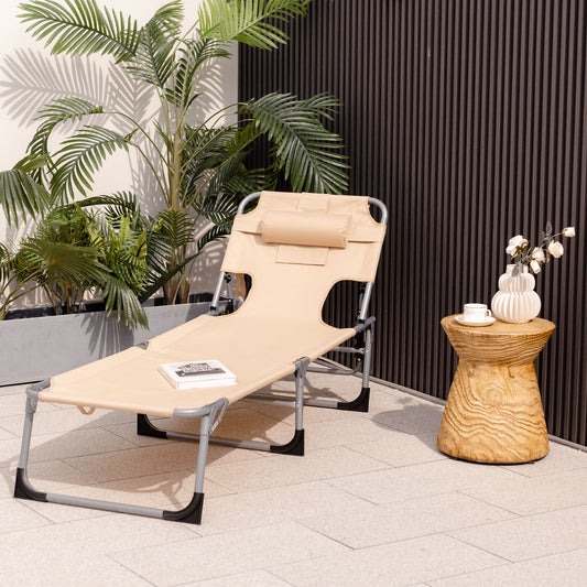 Folding Beach Lounge Chair with Pillow for Outdoor, Beige Outdoor Chaise Lounges Beige at Gallery Canada