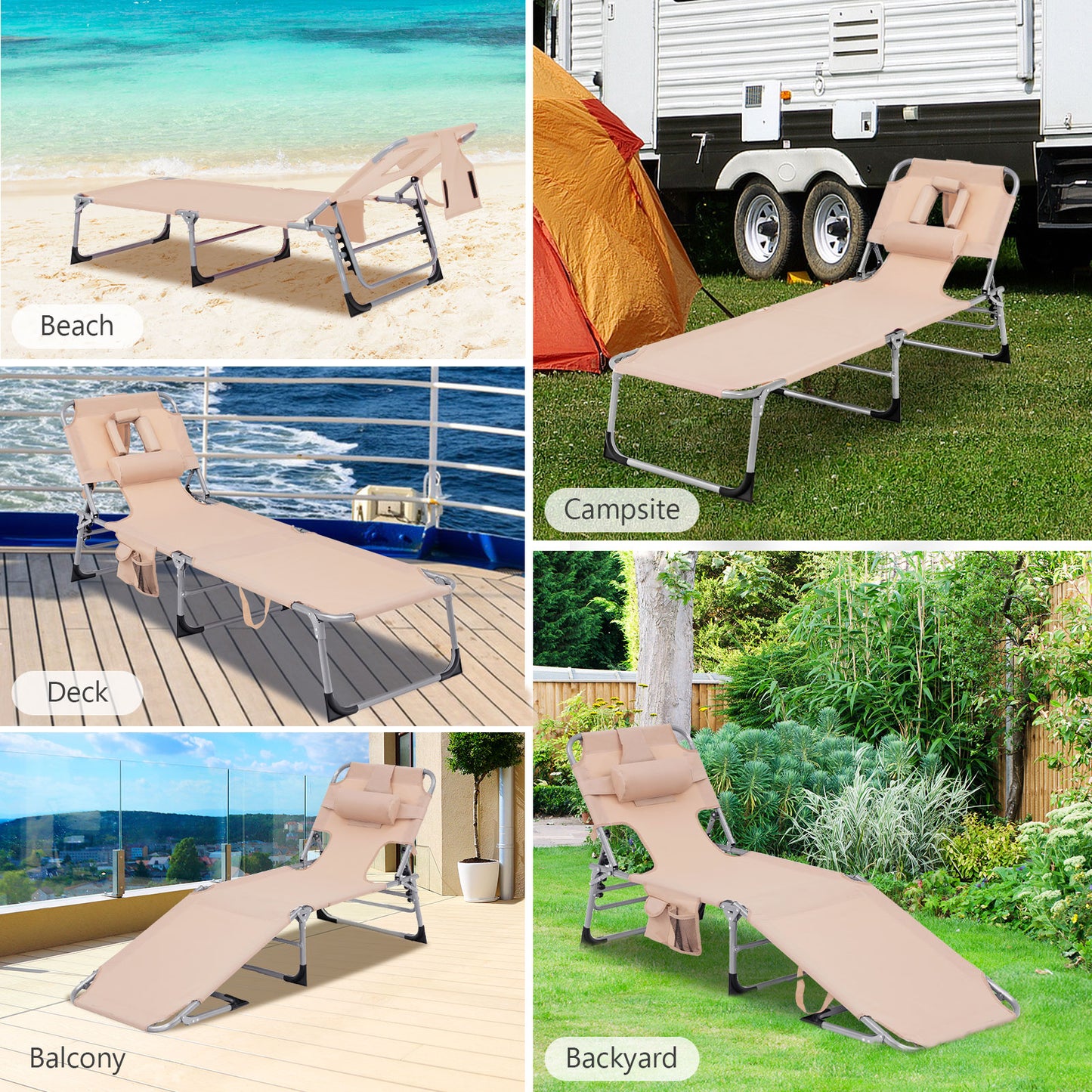 Folding Beach Lounge Chair with Pillow for Outdoor, Beige Outdoor Chaise Lounges at Gallery Canada