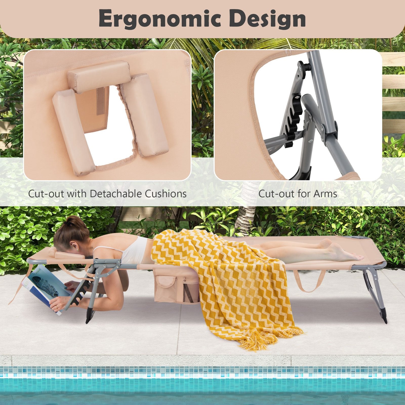 Folding Beach Lounge Chair with Pillow for Outdoor, Beige at Gallery Canada