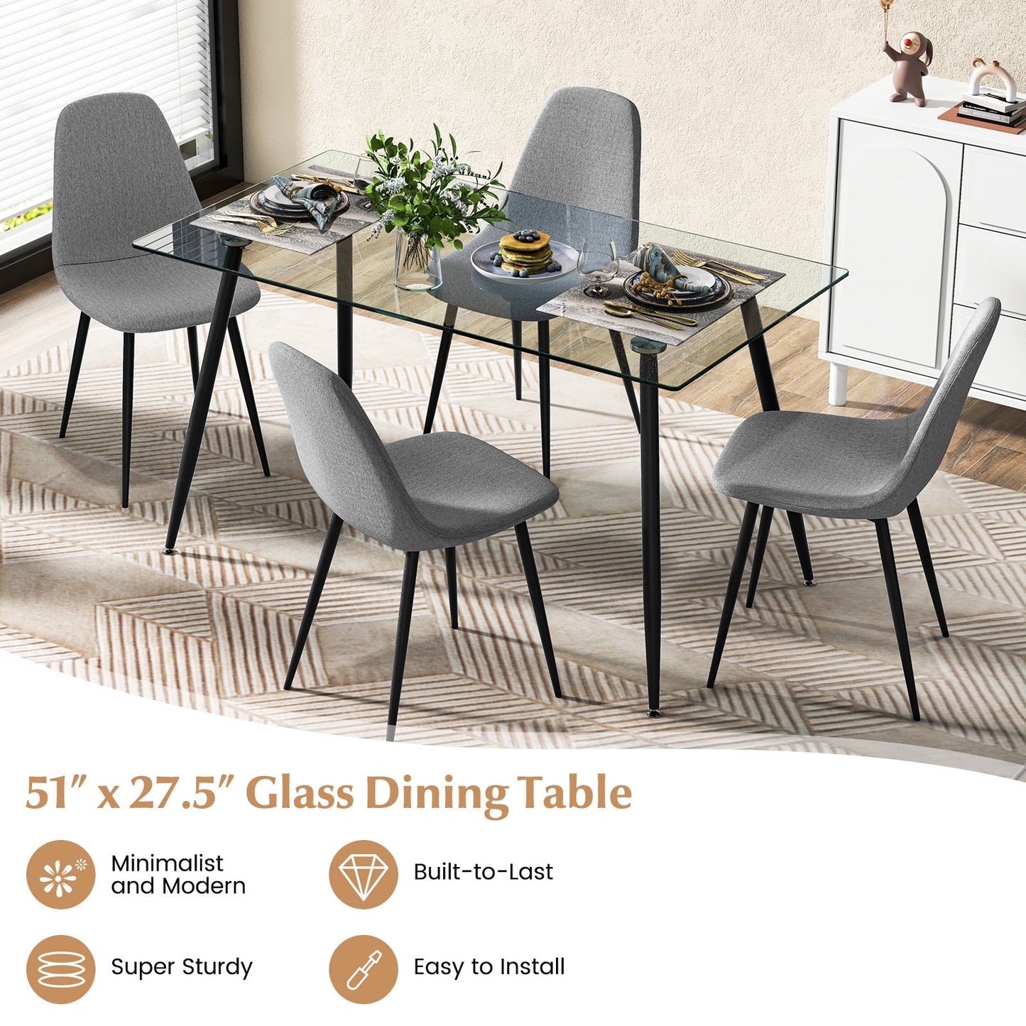 Modern Glass Rectangular Dining Table with Metal Legs, Black