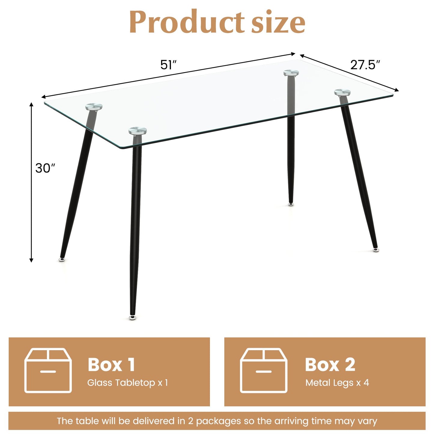 Modern Glass Rectangular Dining Table with Metal Legs, Black