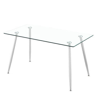 Modern Glass Rectangular Dining Table with Metal Legs, Silver