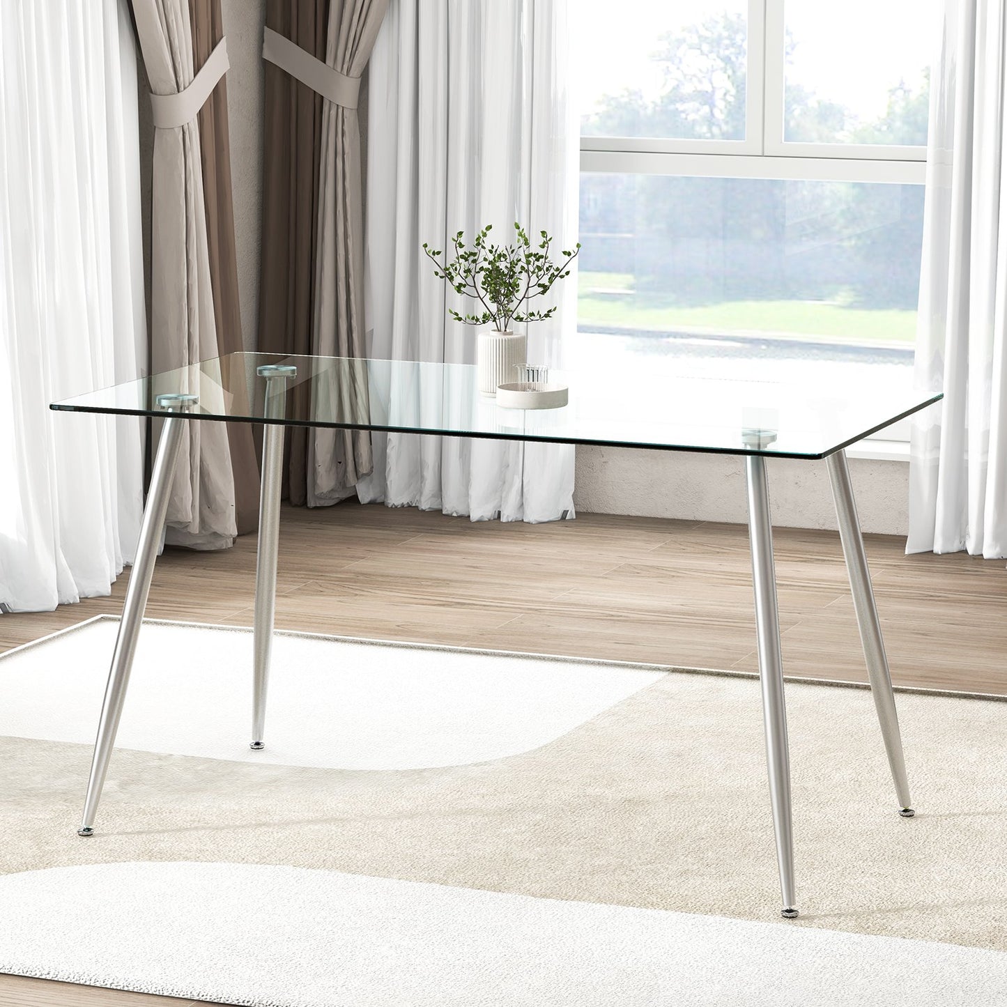 Modern Glass Rectangular Dining Table with Metal Legs, Silver