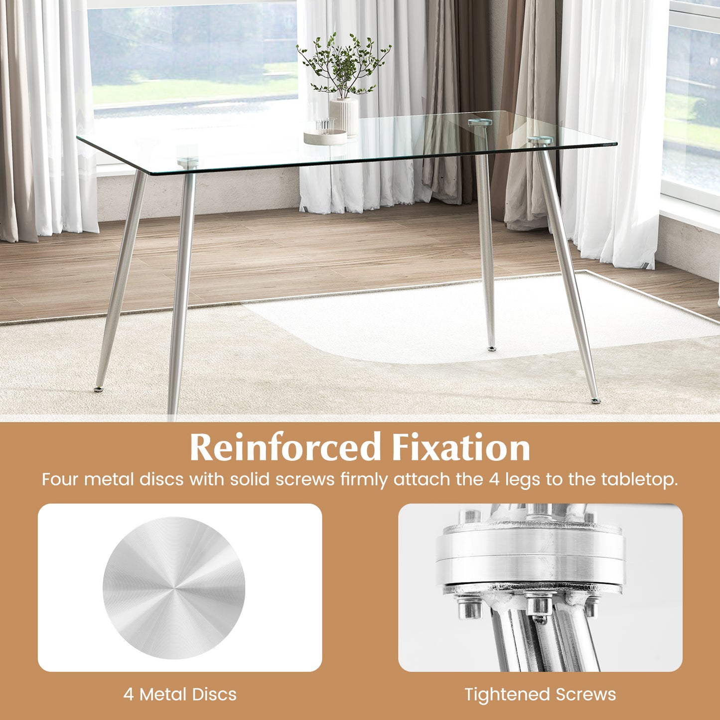 Modern Glass Rectangular Dining Table with Metal Legs, Silver Dining Tables at Gallery Canada