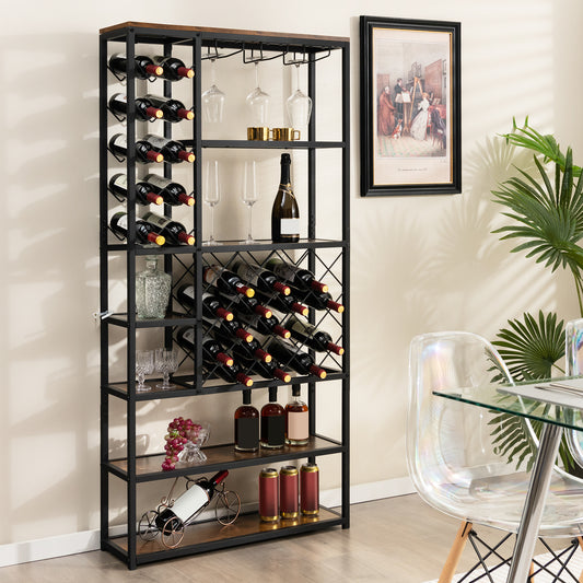 Industrial Floor Wine Rack with 3 Rows of Stemware Racks, Rustic Brown Wine Racks Rustic Brown at Gallery Canada
