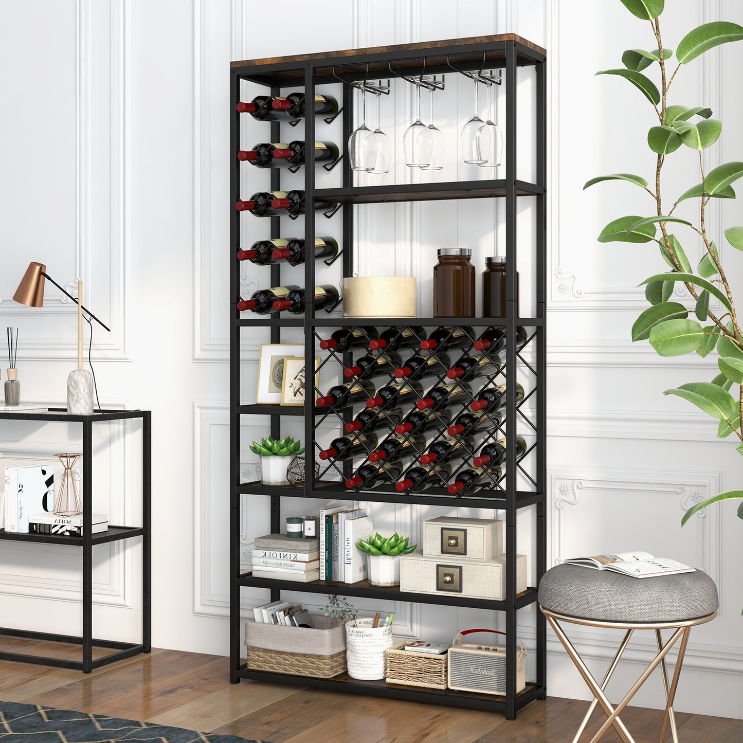 Industrial Floor Wine Rack with 3 Rows of Stemware Racks, Rustic Brown Wine Racks at Gallery Canada
