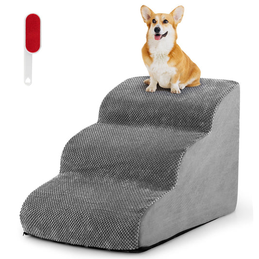 3-Tier Non-Slip Dog Steps with High-Density Sponge and Silicone Paw Prints, Gray