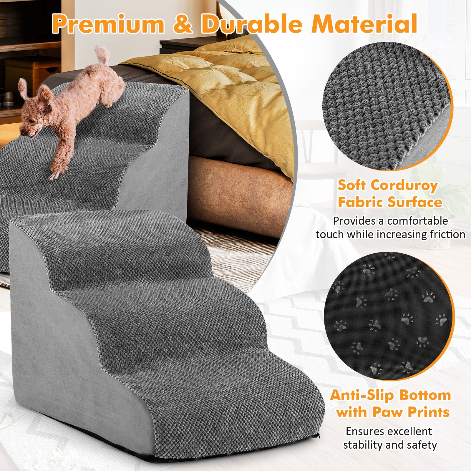 3-Tier Non-Slip Dog Steps with High-Density Sponge and Silicone Paw Prints, Gray Dog Supplies at Gallery Canada