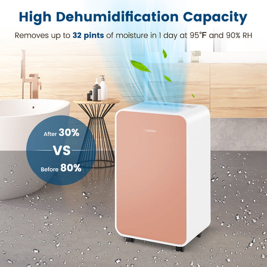 32 Pints/Day Portable Quiet Dehumidifier for Rooms up to 2500 Sq. Ft, Pink Dehumidifiers Pink at Gallery Canada