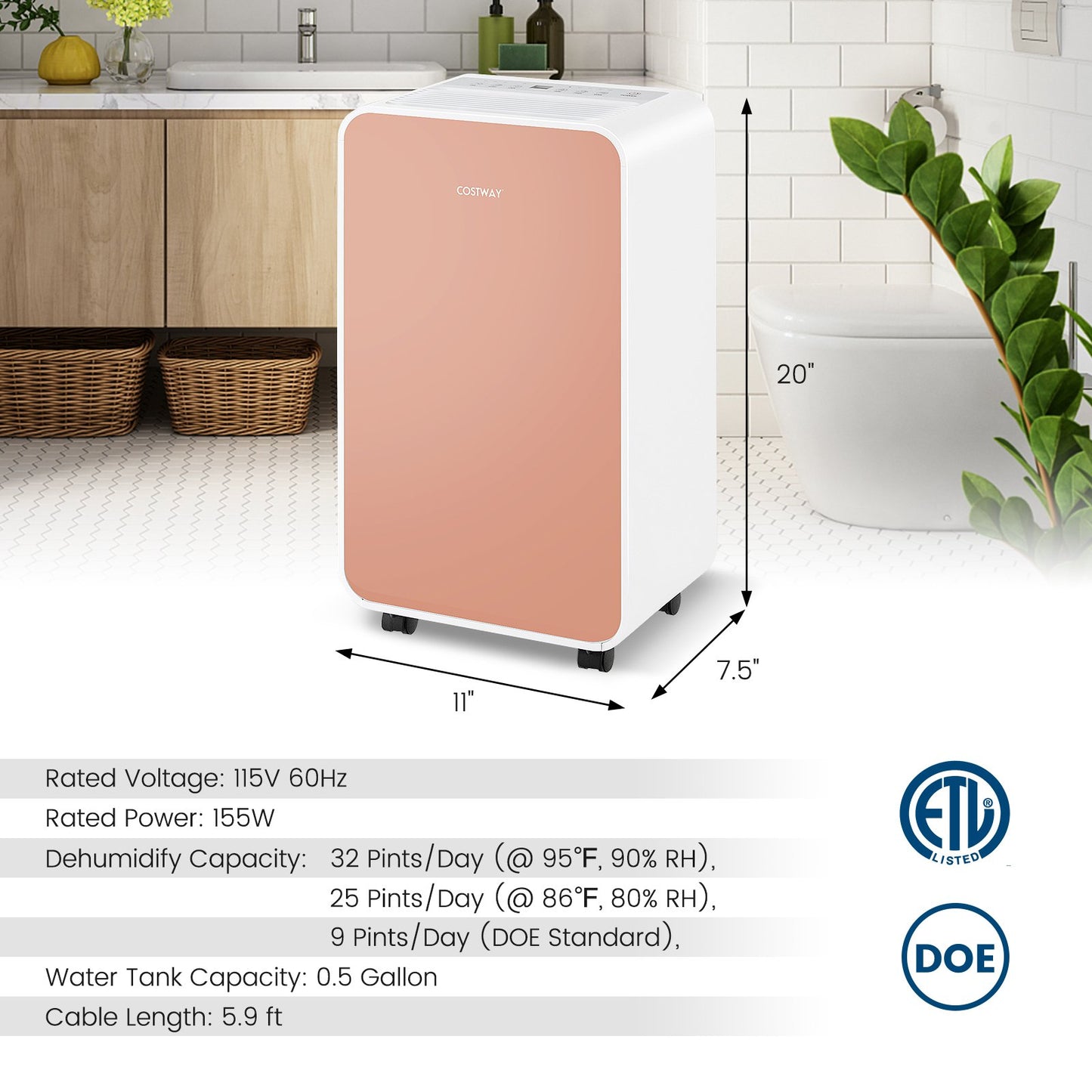 32 Pints/Day Portable Quiet Dehumidifier for Rooms up to 2500 Sq. Ft, Pink