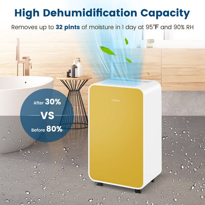 32 Pints/Day Portable Quiet Dehumidifier for Rooms up to 2500 Sq. Ft, Yellow