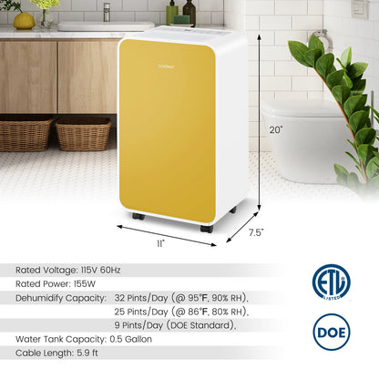 32 Pints/Day Portable Quiet Dehumidifier for Rooms up to 2500 Sq. Ft, Yellow